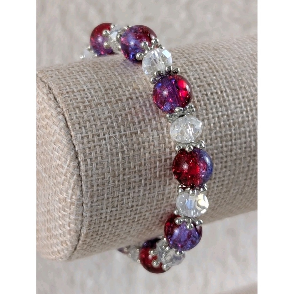 Red Purple Glass‎ Bead Stretch Bracelet Clear Crystal Accent Silver Tone